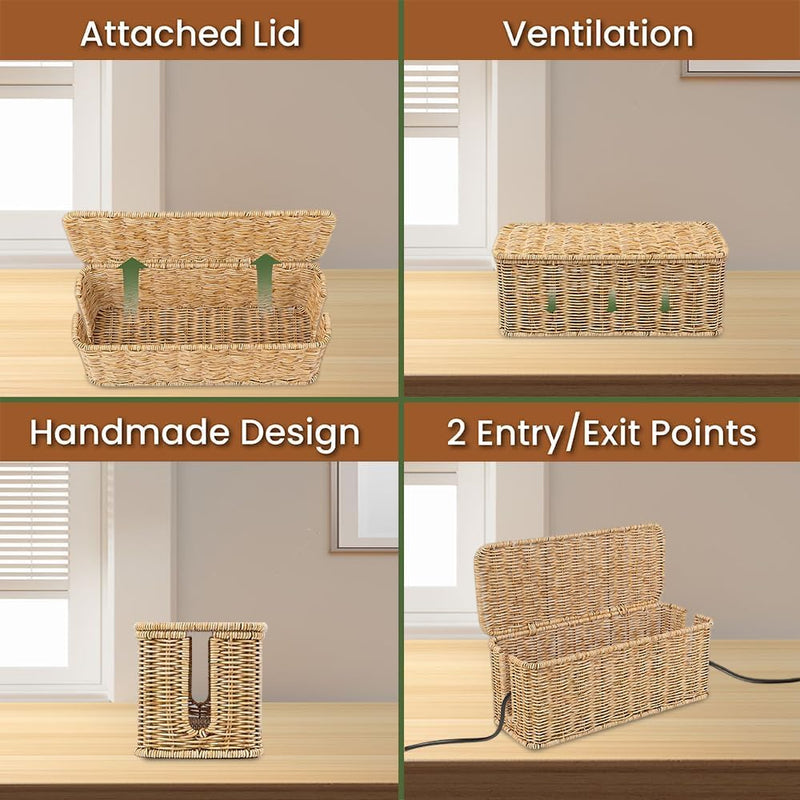 Cable Management Box, Handmade Rattan Cable Organizer, 2 Open Slots Cords Hider Box, Under Desk Cord Organizer for Computer Router Power Strip