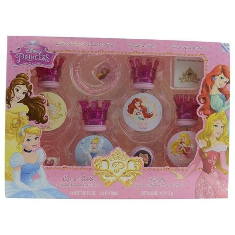 Disney 8 Piece Princess Set, 4 Perfumes, 30 ML + Lip Gloss, 5 ML + Ring + Bracelet And Sticker Set