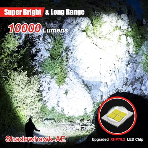 Shadowhawk Flashlight Led USB Rechargeable, 10000 lumens Torch Light XHP70.2, Super Bright Tactical Flashlights, IP67 Waterproof Zoomable, for Outdoor Camping Hiking Emergency(with Battery)