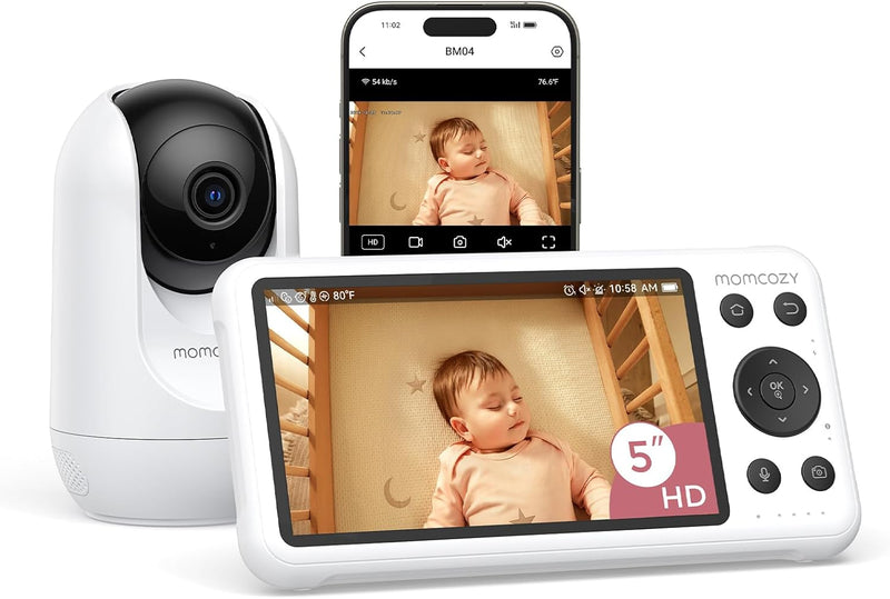 Momcozy - Smart WiFi Baby Monitor with Camera and Audio, 5" 1080P Display with Wall Mount, Motion & Crying Detection, Secure Fence, Clear Night Vision, Battery