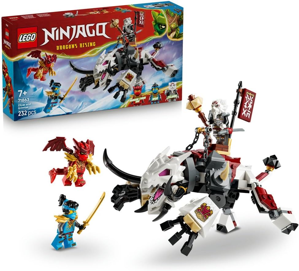 NINJAGO Zilvar and Grimtak the Dragon Beast - Ninja Toy w/Action Figure, 3 Minifigures incl. Kai & Nya - Birthday Gift for 7+ Year Old Boys & Dragons Rising Fans - 71863