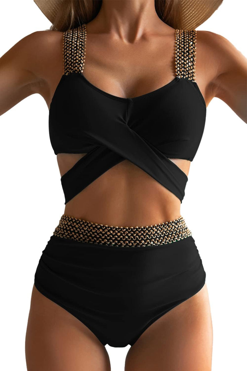 Eomenie Women Two Piece Cross Wrap Bathing Suit Tie Back, Tummy Control Swimsuit 2 Piece High Waist Curvy Bikini Swimwear