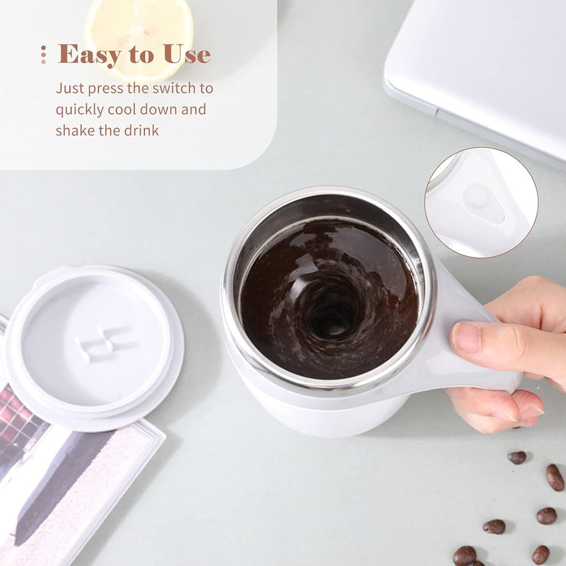 SHOWAY 380mL Self Stirring Mug with Lid Automatic Coffee Cup Electric Stainless Steel Mixing for Milk Cocoa Hot Chocolate