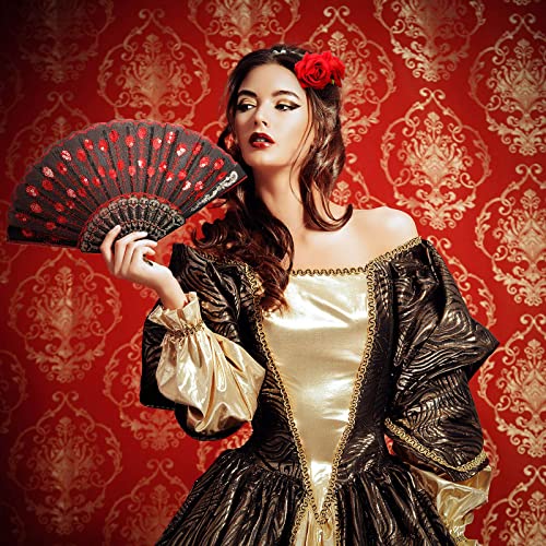 TERRIFI 2 Pieces Women Rose Flower Hair Clip and Embroidered Sequins Fabric Handheld Folding Fan Hair Accessories for Flamenco Dancer Costume Accessories Girl Cosplay Party
