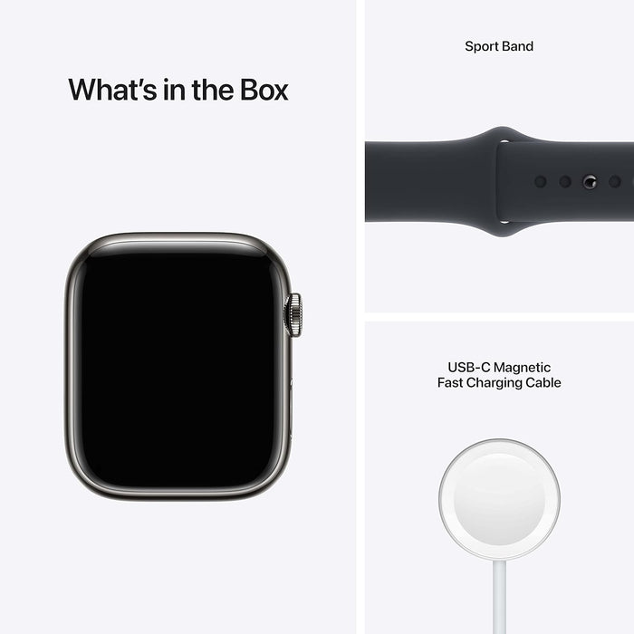 Apple Watch Series 7 (GPS + Cellular, 45mm) Smart watch - Graphite Stainless Steel Case with Midnight Sport Band - Regular. Fitness Tracker, Blood Oxygen & ECG Apps, Water Resistant (Renewed)