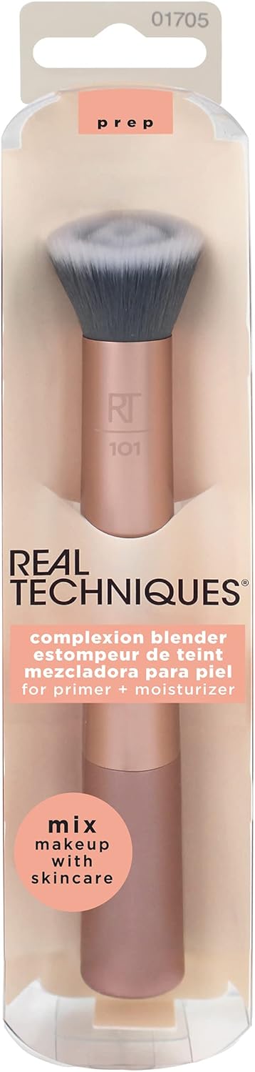 REAL TECHNIQUES Seamless Complexion Makeup Brush, Four Foundation, Primer, And Moisturizer, Makeup & Skincare Face Brush, Streakfree And Natural Finish, Orange, 1 Count