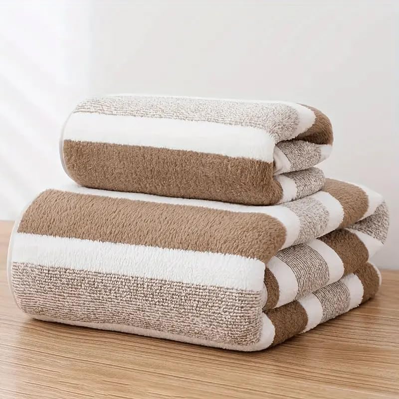 Ultra Soft Bath Towel Set, 100% Cotton, Bath and Hand Towels, Striped, Universal (Brown)