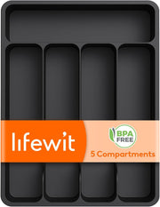 Silverware Drawer Organizer Tray, Plastic Cutlery Storage for Kitchen, Flatware and Utensil Holder Divider for Spoons Forks Knives Tableware, 9.1 x 12.6", 5 Slots, Black - Black 9.1 x 12.6 inch (5 Slots)