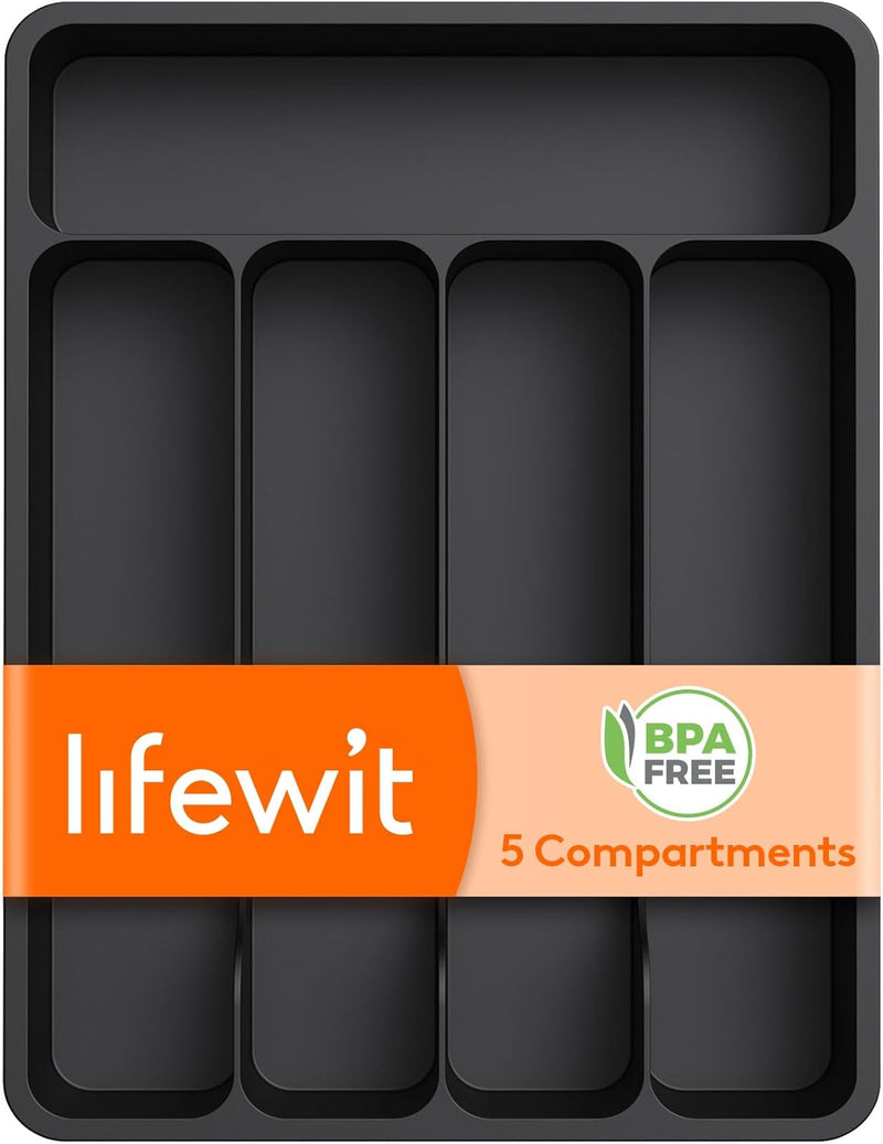 Silverware Drawer Organizer Tray, Plastic Cutlery Storage for Kitchen, Flatware and Utensil Holder Divider for Spoons Forks Knives Tableware, 9.1 x 12.6", 5 Slots, Black - Black 9.1 x 12.6 inch (5 Slots)