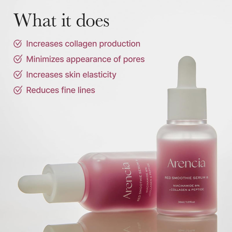 Red Collagen + Peptide Smoothie Serum, 8% Niacinamide, Vitamin C, Vitamin E, lifting anti-aging serum for skin texture for glass skin