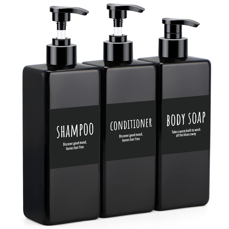 Segbeauty Shampoo and Conditioner Dispenser Refillable, 3pcs 16.9oz Shower Bottles Soap Dispenser with Labels, 500ml Empty Plastic Square Pump Bottle Dispenser Body Wash Containers for Bathroom Black