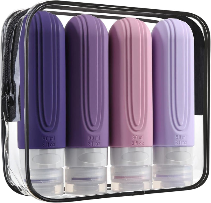 4 Silicone Travel Bottles for Toiletries with Labels & Clear Toiletry Bag TSA-Approved, Leak-Proof, for Shampoo, Lotion, Soap, Perfect for Traveling, Gym, Camping (90ml)