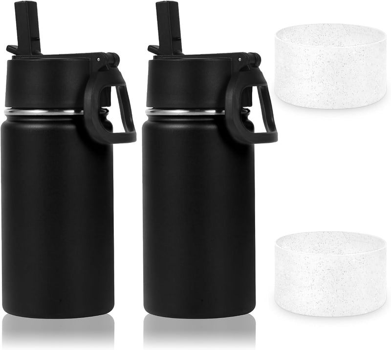 14oz Water Bottle with Straw Lid and Silicone Boot Bulk 2 Pack,Stainless Steel Insulated Cups for Boys & Girls Multipack,Double Wall Vacuum Leakproof Kids bottles(Red,1) - 2 Black
