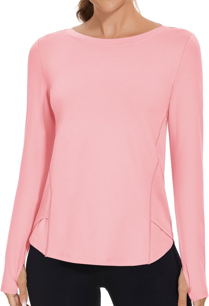Rapbin Women's UPF 50+ Sun Protection T-Shirts Long Sleeve Boat Neck Workout Lightweight Quick Dry Top with Thumb Hole