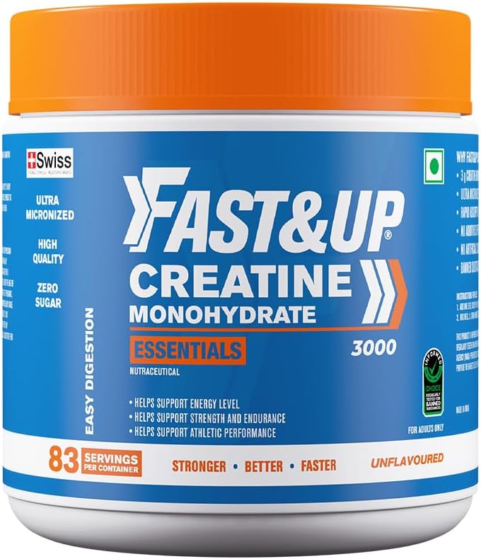 FAST&UP Creatine Monohydrate Powder Pure Micronized Creatine Supplement for Muscle Growth, Strength & Recovery Unflavoured Creatine Powder, (83 Servings) Blue 250 gms