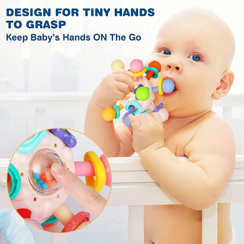 AM ANNA Baby Teething Toys 0-6 Months, Silicone Pull String Interactive 3 in 1 Baby Rattle Activity Ball, Baby Sensory Chew Toys for Boys & Girls