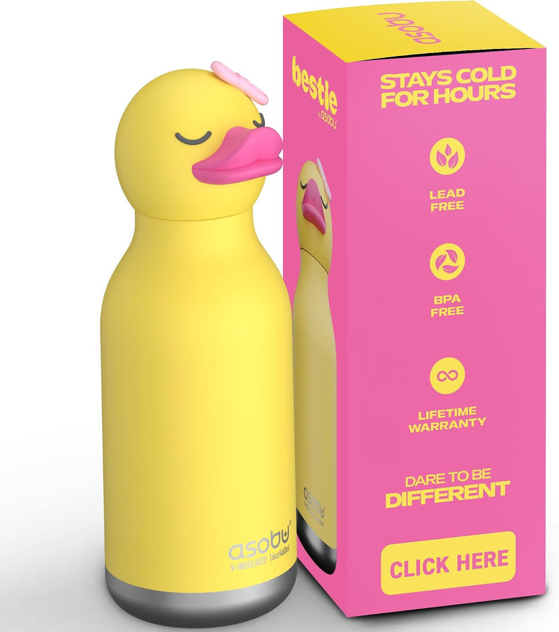 Bestie Insulated Water Bottle, Stainless Steel Water Bottle with Removable Soft Animal Head for Kids and Teens with Reusable Flexible Straw (Duck) - Ente