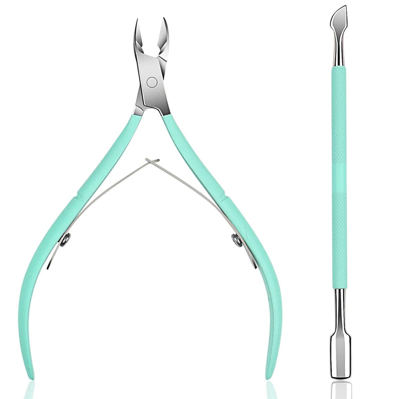 Ejiubas Cuticle Nipper with Cuticle Pusher - Ejiubas Green Cuticle Trimmer Stainless Steel Cuticle Clipper Cutter Nail Cuticle Remover Tools for Fingernails and Toenails