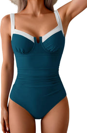 Women's Underwire One Piece Swimsuits Tummy Control Bathing Suits Push Up Swim Suit Color Block Swimwear - Peacock Green, White