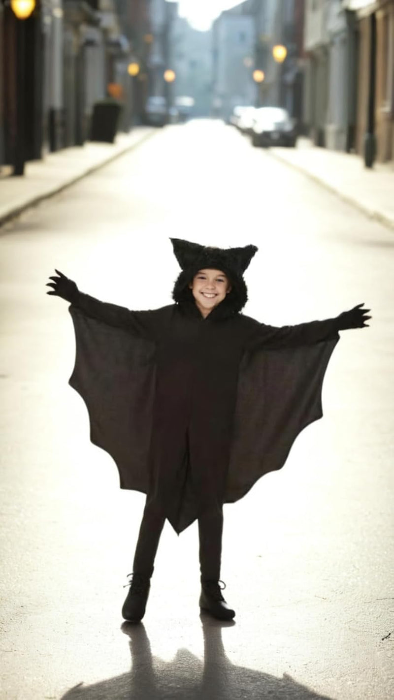 Sweet seven Bat Costume for Kids - Halloween Vampire Bat Hoodie Jumpsuit with Gloves, Cosplay Party Bodysuit Role Play M Size is Suitable for 78 Years Old, 115125cm