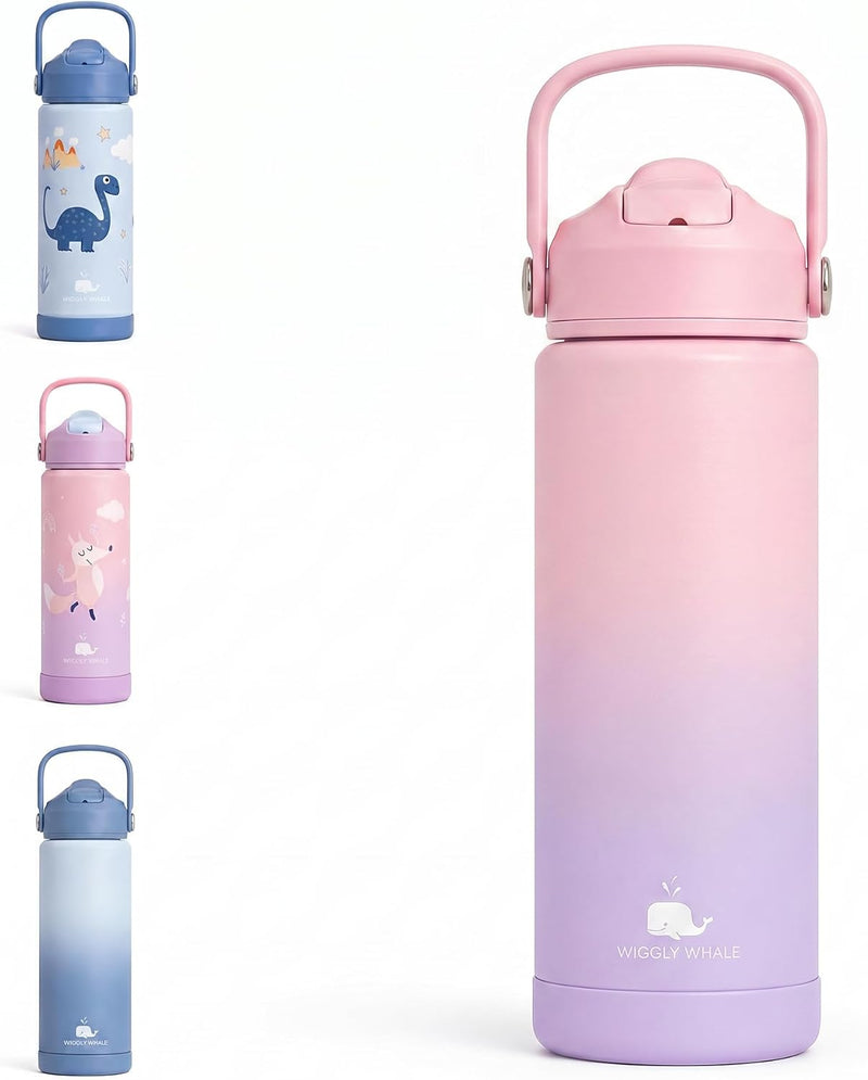 18oz Kids Water Bottle Stainless Steel with Straw Leak Proof Water Bottle for Kids School BPA-Free Blue Toddler Bottle with Silicone Base Insulated Water Bottle for Boys - mixed pink