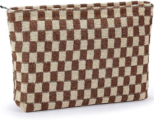 ZLFSRQ 3Pcs Checkered Makeup Bag for Women Large Cosmetic Bag Set Travel Toiletry Bag Makeup Pouch Bag for Purse Pink Zipper Storage Bag Organizer Cute Small Aesthetic Girls Car Essentials Bag