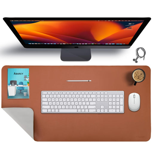 Abarcy Dual-Sided Leather Mouse Pad - 2XL Waterproof Desk Mat, 80x40 cm, Non-Slip, Stitched Edges, Multi-Use, Gaming & Office Mousepad - Brown & Grey, Portable, Ergonomic Design for Smooth Movement