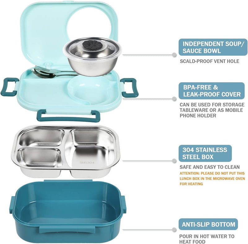 YelaJoy Stainless Steel Bento Lunch Box for Kids and Adults,Stackable BPA-Free Food Containers with 3 Compartments and Reusable Sauce Bowl, Fork and Spoon,1000ml/34oz (Blue) - Blue
