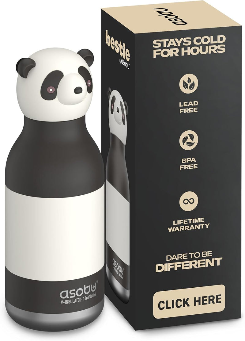Bestie Insulated Water Bottle, Stainless Steel Water Bottle with Removable Soft Animal Head for Kids and Teens with Reusable Flexible Straw (Duck) - white black