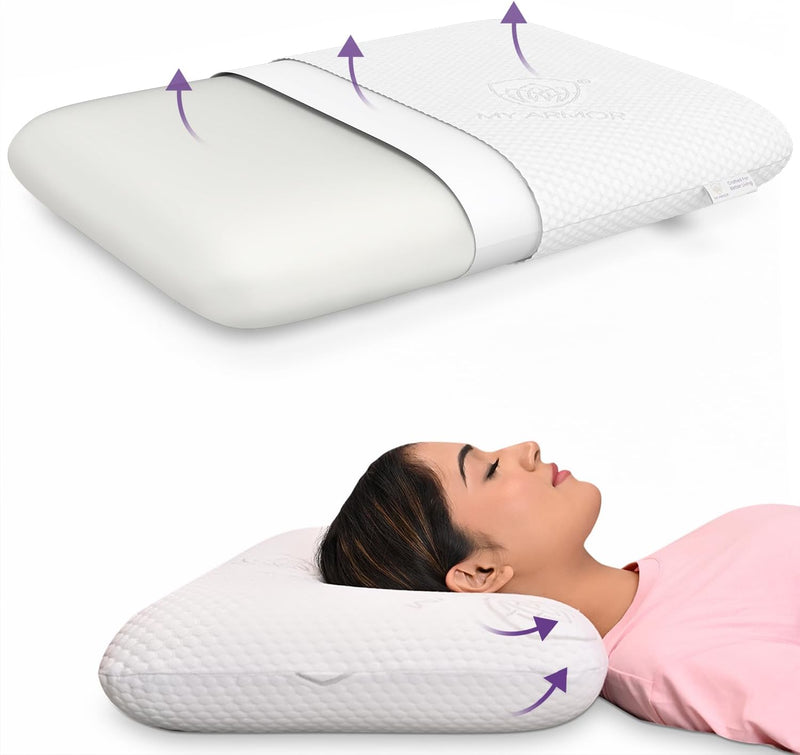 MY ARMOR Ventilated Cool Gel Memory Foam Pillows for Sleeping, Orthopedic Pillows for Neck Pain Relief (White Cover, Cool Gel Thin (pack of 1)) - With Outer Cover Standard (Pack of 1)