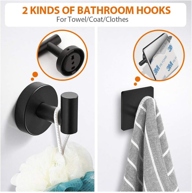 Zuelnote 5-Pieces Matte Black Bathroom Hardware Set SUS304 Stainless Steel Round Wall Mounted - Includes 16" Hand Towel Bar, Toilet Paper Holder, 3 Robe Towel Hooks,Bathroom Accessories Kit