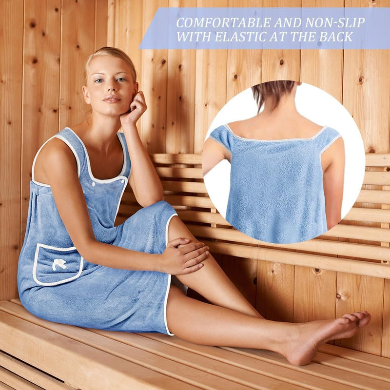 Women's Wearable Bath Towel Dress, Light Blue Coral Fleece Body Wrap Robe with Pocket Design, Quick Dry Soft Shower Wrap Skirt for Spa, Sauna, Beach, Hotel, Towelling Cover-Up for Ladies
