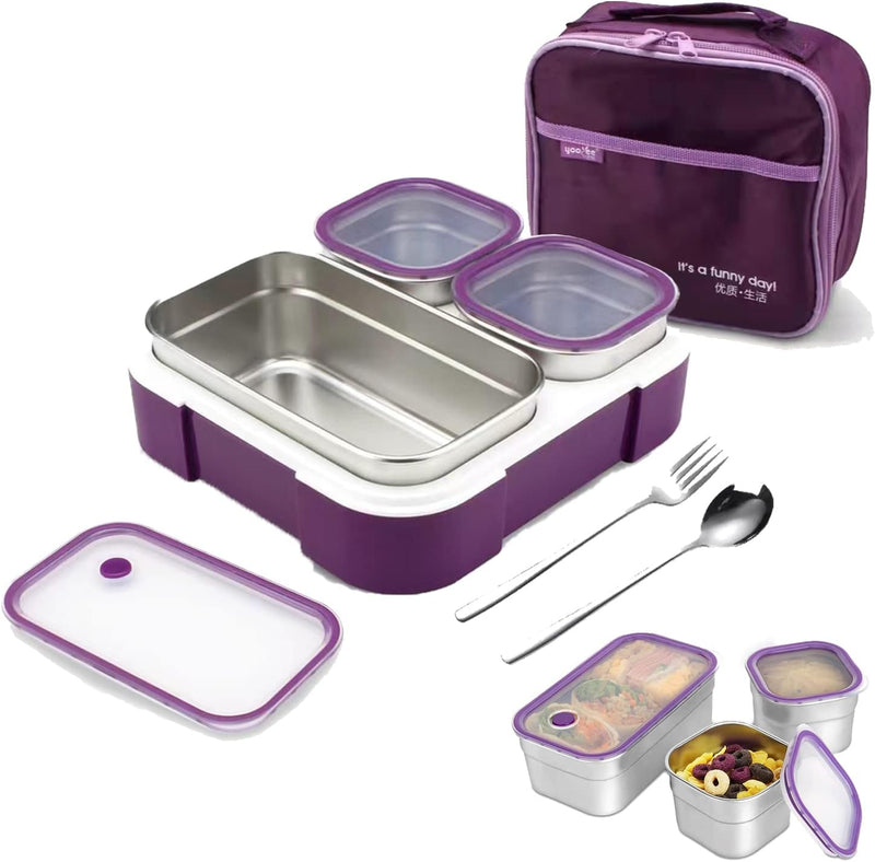 Stainless Steel Lunch Box for Kids Adults,Insulated Bento Lunch Box with Tableware & Bag,1000ML 5 Compartment Divided Lunch Containers with Lids,Leakproof BPA Free Dishwasher Safe (Purple) - 720ml, Purple