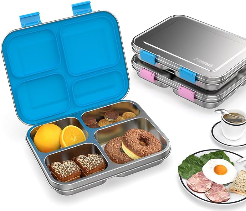 Stainless Steel Bento Lunch box for kids & Adults, Insulated Stainless Steel Lunch box 3 Compartments for hot & cold meals, BPA-free, Leak-Proof (Blue - Small Size Stainless Lunch box) - Blue - Large
