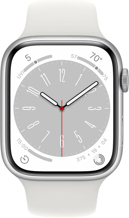 Apple New Apple Watch Series 8 (GPS + Cellular 45mm) Smart watch - Silver Stainless Steel Case with White Sport Band - Regular. Fitness Tracker, Blood Oxygen & ECG Apps, Water Resistant (Renewed)