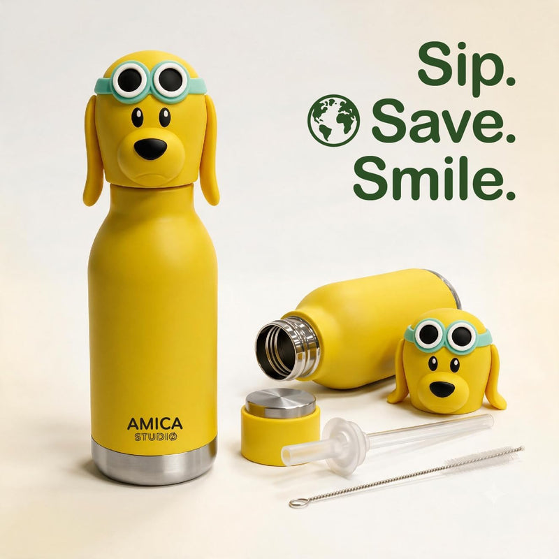 Kids Water Bottle 460ml Insulated Stainless Steel - AMICA STUDIO (Dexter Dog)