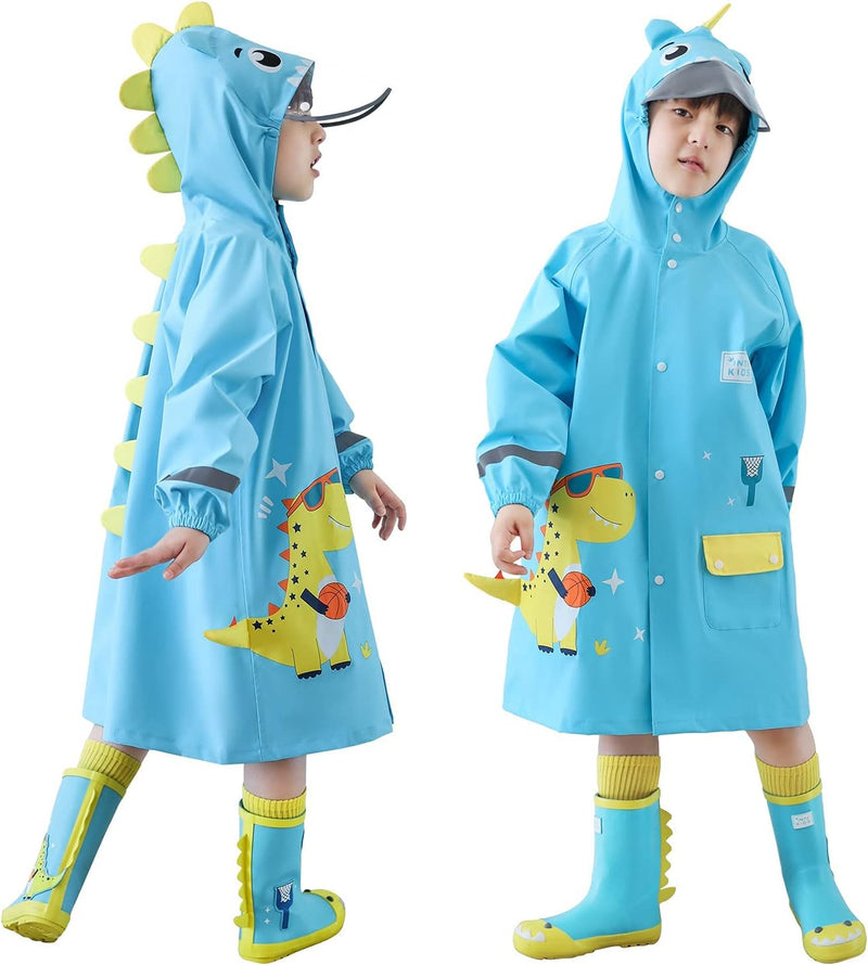 Kids RainCoat, Reusable Children's raincoats, 3D Cartoon Kids Rain Jacket with Storage Backpack, Portable Durable Windbreaker for Outdoor Climbing Cycling Hiking Camping - Blue