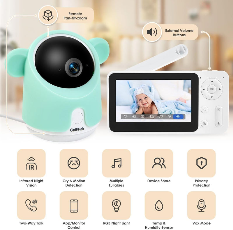 Baby Monitor with Camera and Audio, Baby Camera Monitor 1080P WiFi Smartphone App Control Night Vision 4.3 Inch Screen, 2 Talk Temperature Humidity Sensor
