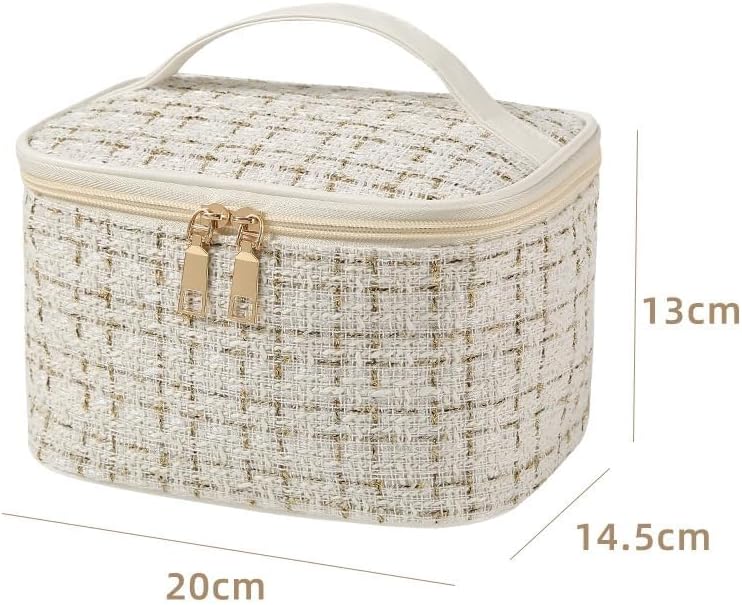 ZABEES Travel Makeup Bag,Large Capacity Cosmetic Bags,Waterproof Portable Pouch Open Flat Toiletry Bag Make up Organizer with Divider and Handle Bag for Women and Girls (Bright white check)
