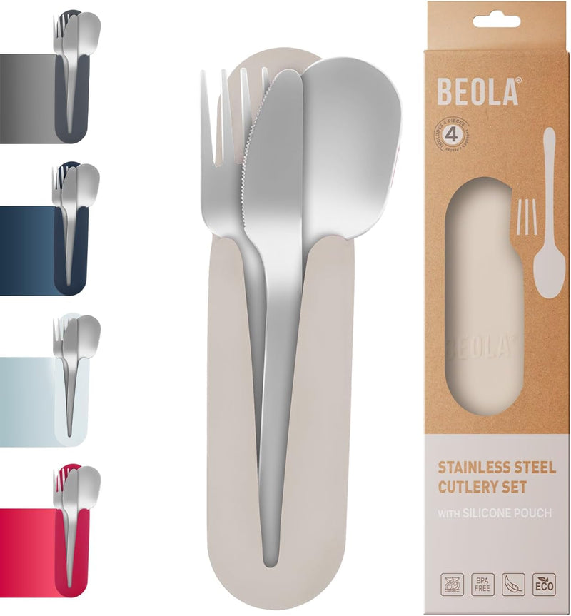 Stainless Steel Cutlery Set with Silicone Case, Travel Utensils with Pouch, Reusable Fork Spoon and Knife, Cutlery for Lunch Box Kids School, Camping Outdoor, Set of 4pcs (Sand Dune) - Sand Dune