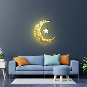 Festive Lights - 30 cm Golden Crescent Moon with Star Wall Hanging Light - LED Ramadan & Eid Wall Decoration Light for Home & Festive Occasions