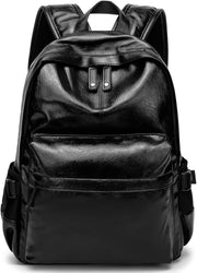 Leather Laptop Backpack for Men Women, School College Bookbag Casual Travel Daypack - Black