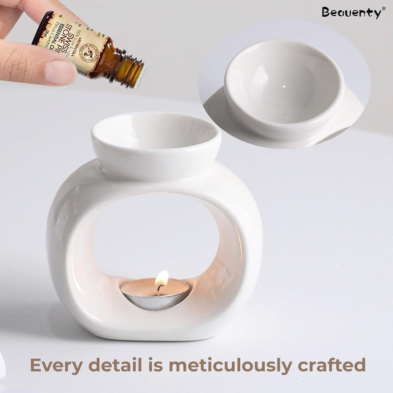 Beauenty Oil Candle Warmers, Ceramic Tealight Holder, Aroma Oil Burner, Aromatherapy Stove. White Carved Petal (Style 2)