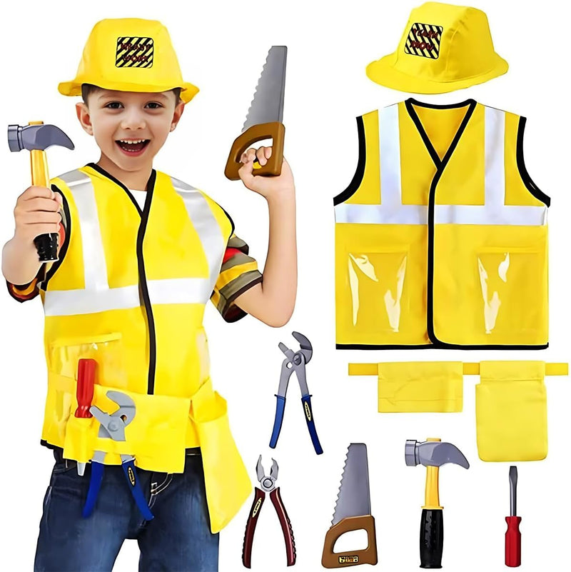 AMERTEER Construction Worker Costume for Kids Builder Dress-Up Set with Tool Belt, Hard Hat, Safety Vest & Toy Tools Pretend Play Outfit & Halloween Costume for Boys & Girls Ages 3-6