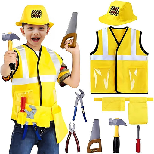 AMERTEER Construction Worker Costume for Kids Builder Dress-Up Set with Tool Belt, Hard Hat, Safety Vest & Toy Tools Pretend Play Outfit & Halloween Costume for Boys & Girls Ages 3-6