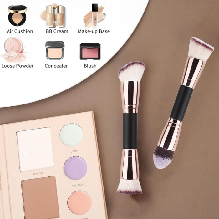 2 Pcs Double-Ended Makeup Brushes, Flat, Angled, Angled Round, Tapered Top Flawless Foundation Concealer Brush, Foundation Makeup Brush for Liquid, Cream, Powder Blending and Buffing