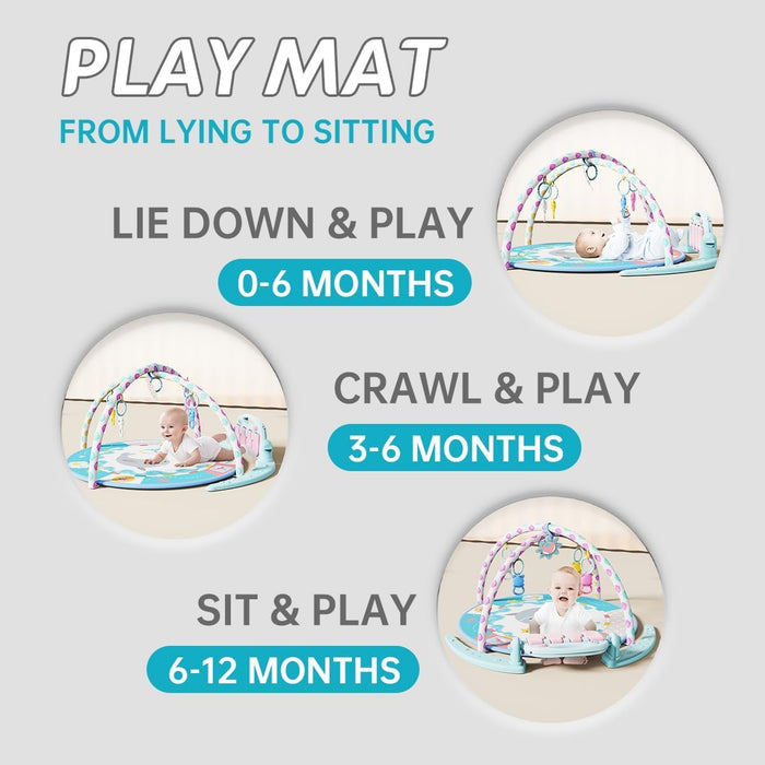ECVV Baby Play Mat & Gym Set: 85cm Round Mat, 130cm Soft Tubes, 4 Rattle Toys, Detachable Baby Piano - Portable Tummy Time Activity Center for Infants 0-36 Months(Light Blue)