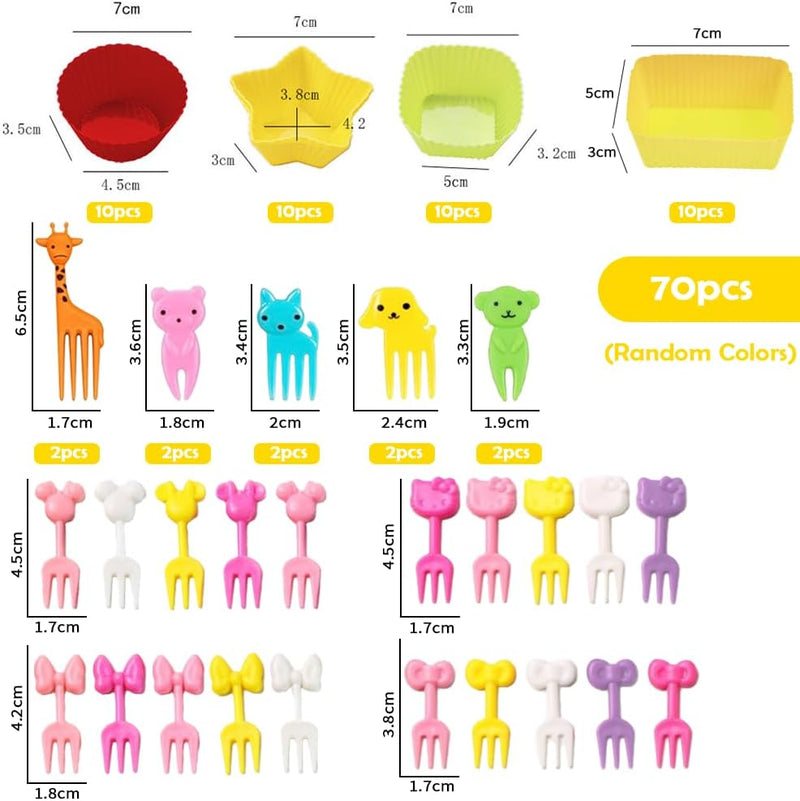 70 Piece Silicone Lunch Box Dividers with Animal-Shaped Forks Reusable Kids' Lunch Box Accessories Perfect for School,Travel, and Picnics