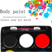 Face Paint Palette Set - 6 Vibrant Classic Colors with Double-Ended Applicator Brush, Hypoallergenic Non-Toxic Body Makeup Kit for Halloween, Cosplay, Parties, Festivals & Fancy Dress