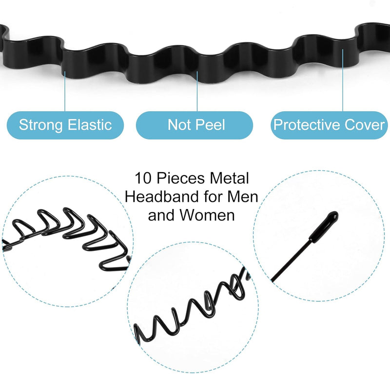fenshine Metal Hair Bands Feather Wavy Headband Unisex Black Wavy Headband Polished Backwards Non-Slip Sports Hair Band for Women Men 6 Pack - black